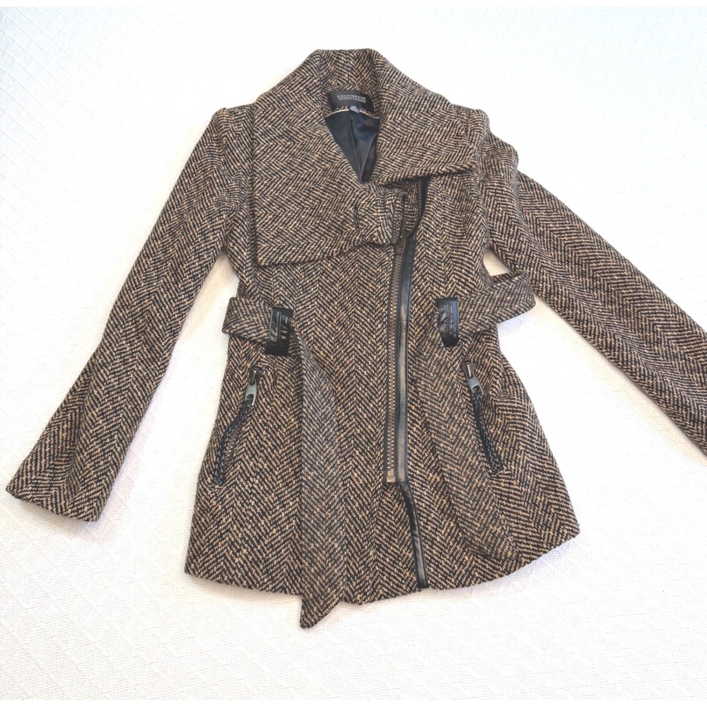 Donnybrook Wool Herringbone Asymmetrical Zip Belted Coat Brown Black XS